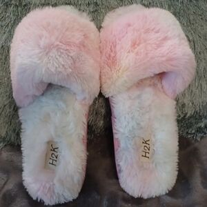 H2K Tie Dye Fuzzy Peep Toe House Shoes Slippers Size 9 New